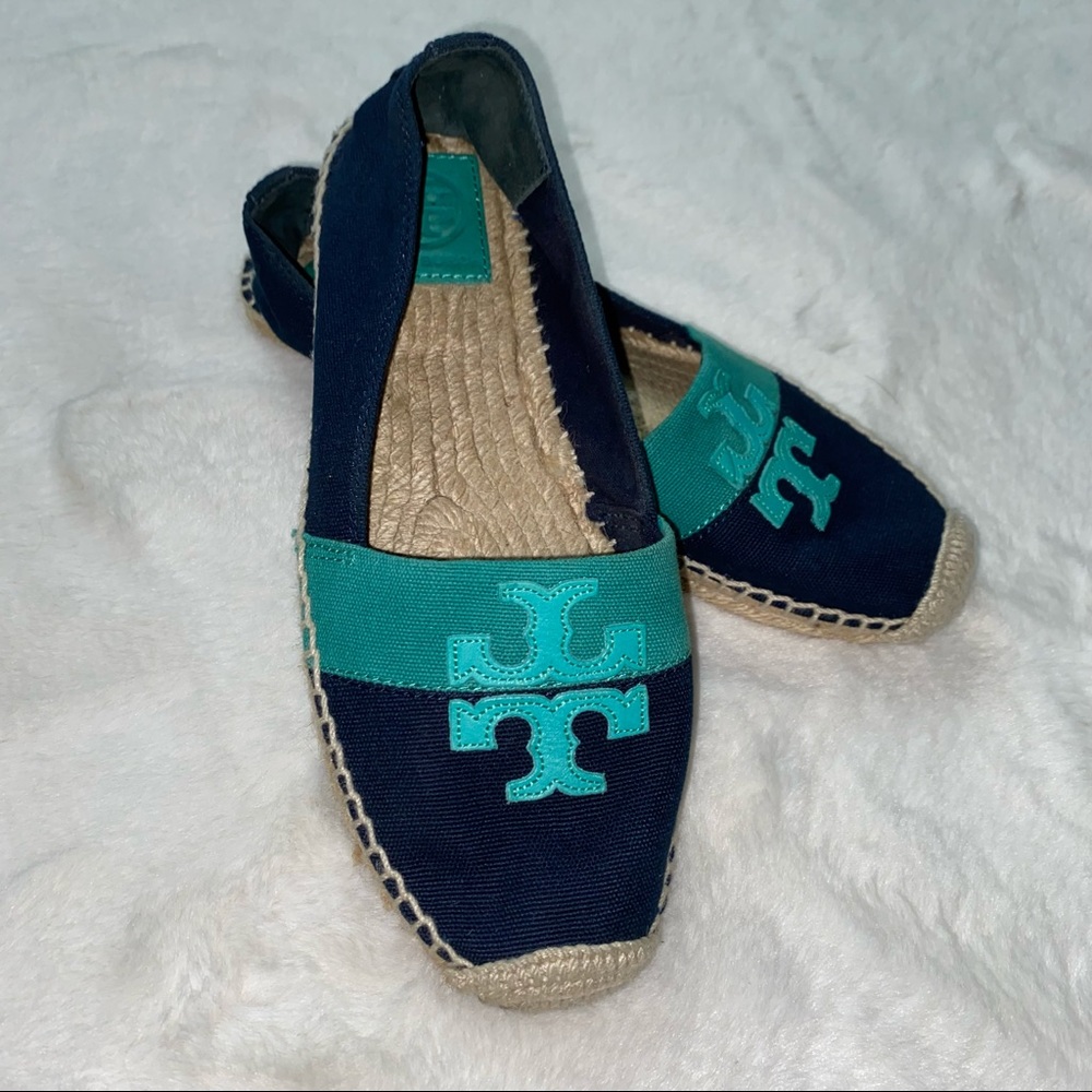 Tory Burch 9M Weston Island Turquoise & Navy Espadrille Flats 51128697